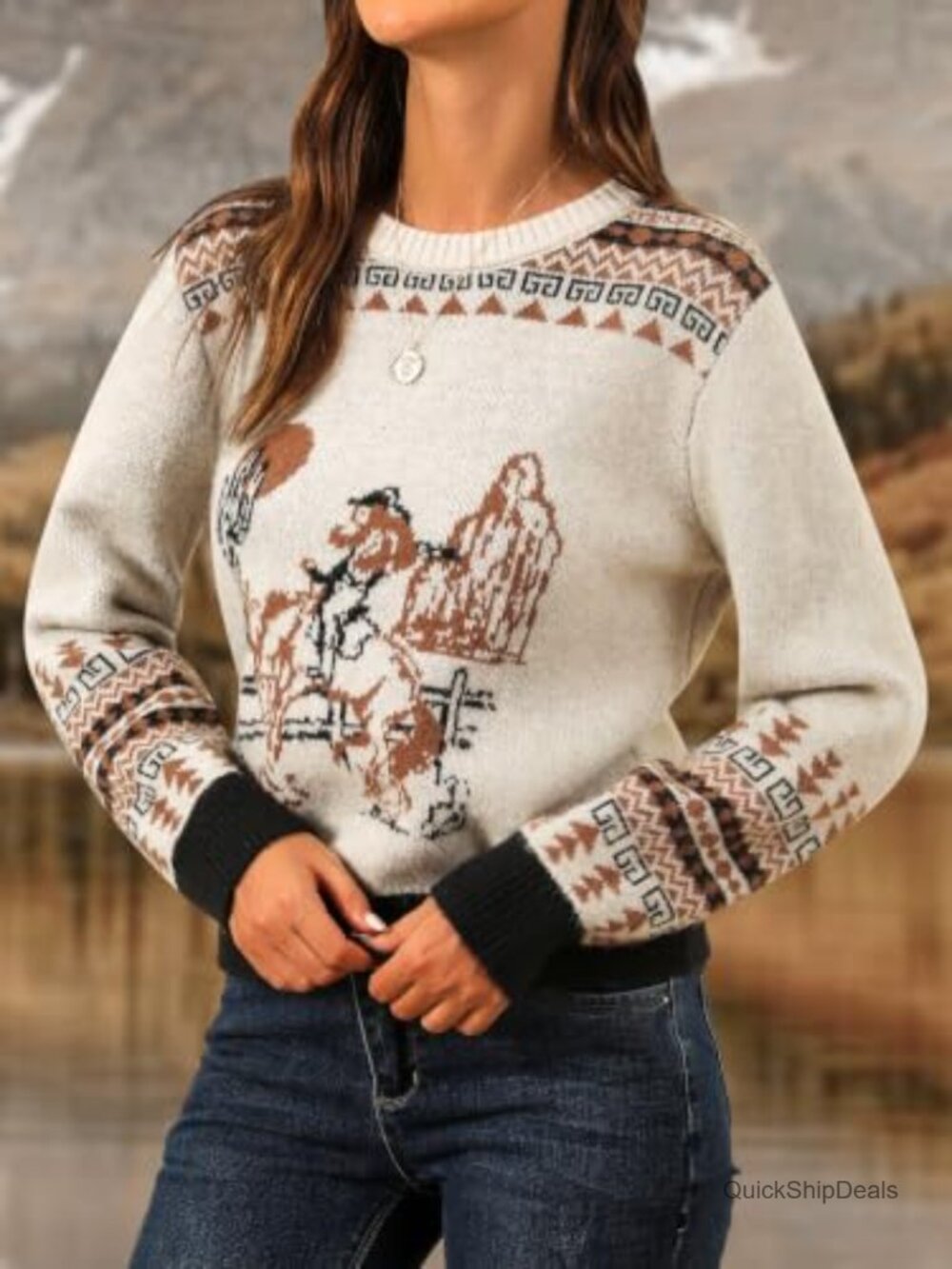 Western Cowgirl Horse Print Pullover Sweater Crewneck Long Sleeve - Picture 2 of 6